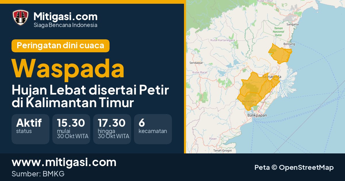 Peringatan dini cuaca BMKG tingkat Waspada di Kalimantan Timur. (Mitigasi.com/data BMKG)