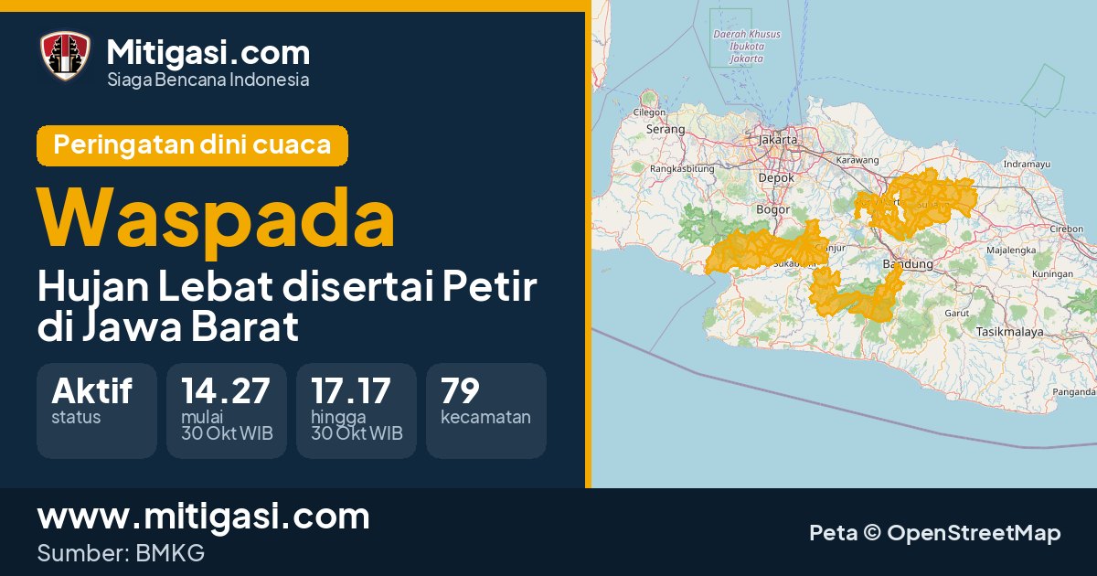Peringatan dini cuaca BMKG tingkat Waspada di Jawa Barat. (Mitigasi.com/data BMKG)