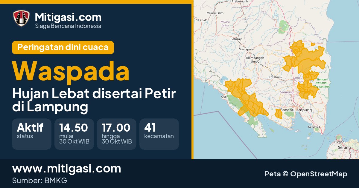 Peringatan dini cuaca BMKG tingkat Waspada di Lampung. (Mitigasi.com/data BMKG)