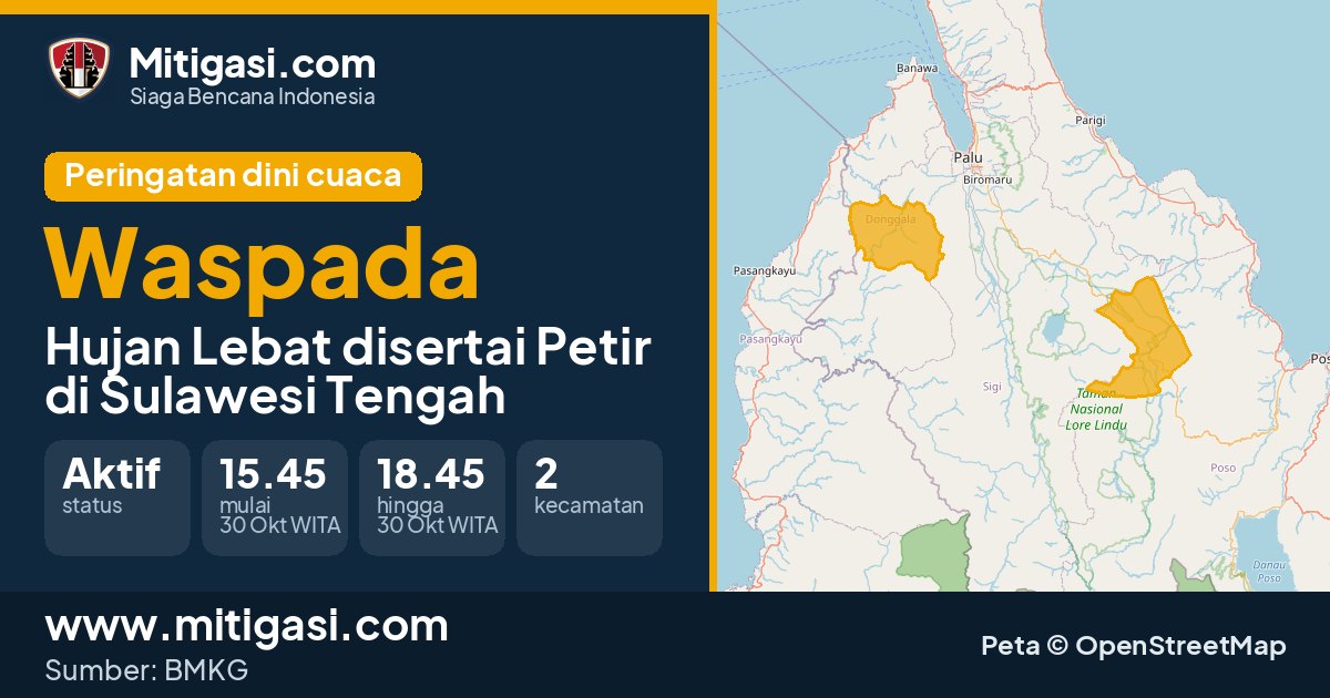 Peringatan dini cuaca BMKG tingkat Waspada di Sulawesi Tengah. (Mitigasi.com/data BMKG)