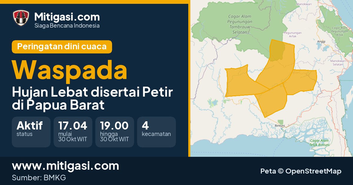Peringatan dini cuaca BMKG tingkat Waspada di Papua Barat. (Mitigasi.com/data BMKG)