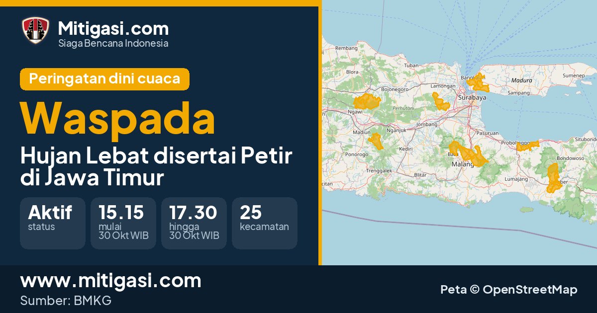 Peringatan dini cuaca BMKG tingkat Waspada di Jawa Timur. (Mitigasi.com/data BMKG)
