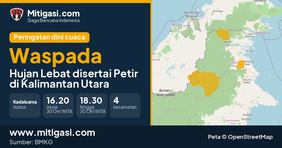 Peringatan dini cuaca BMKG tingkat Waspada di Kalimantan Utara. (Mitigasi.com/data BMKG)
