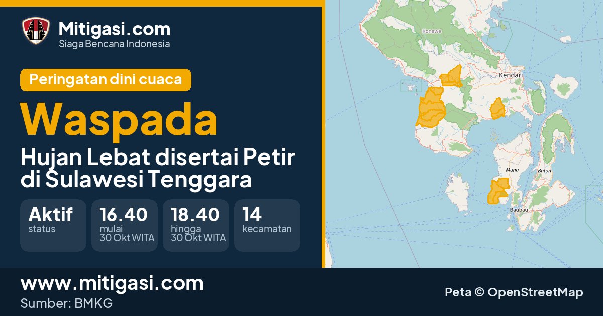 Peringatan dini cuaca BMKG tingkat Waspada di Sulawesi Tenggara. (Mitigasi.com/data BMKG)