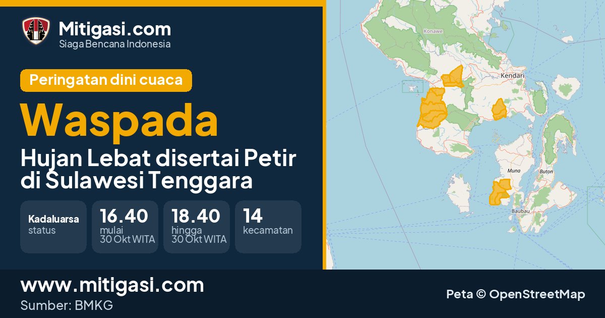 Peringatan dini cuaca BMKG tingkat Waspada di Sulawesi Tenggara. (Mitigasi.com/data BMKG)