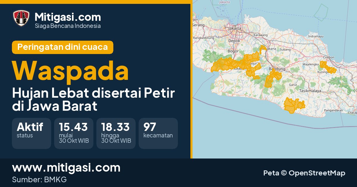 Peringatan dini cuaca BMKG tingkat Waspada di Jawa Barat. (Mitigasi.com/data BMKG)
