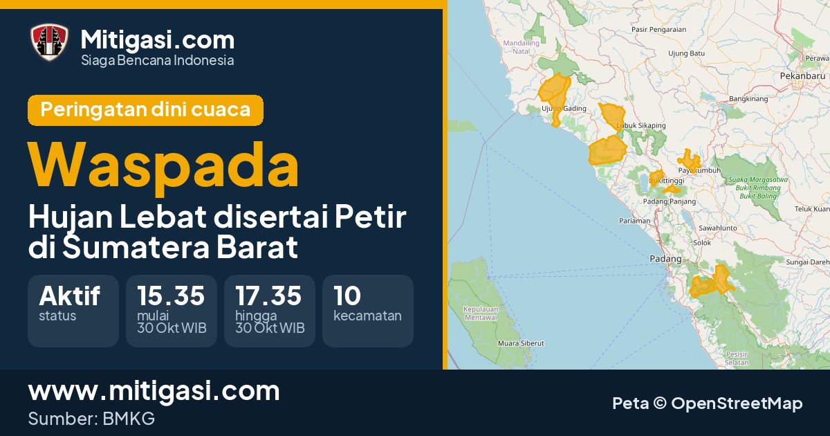 Peringatan dini cuaca BMKG tingkat Waspada di Sumatera Barat. (Mitigasi.com/data BMKG)