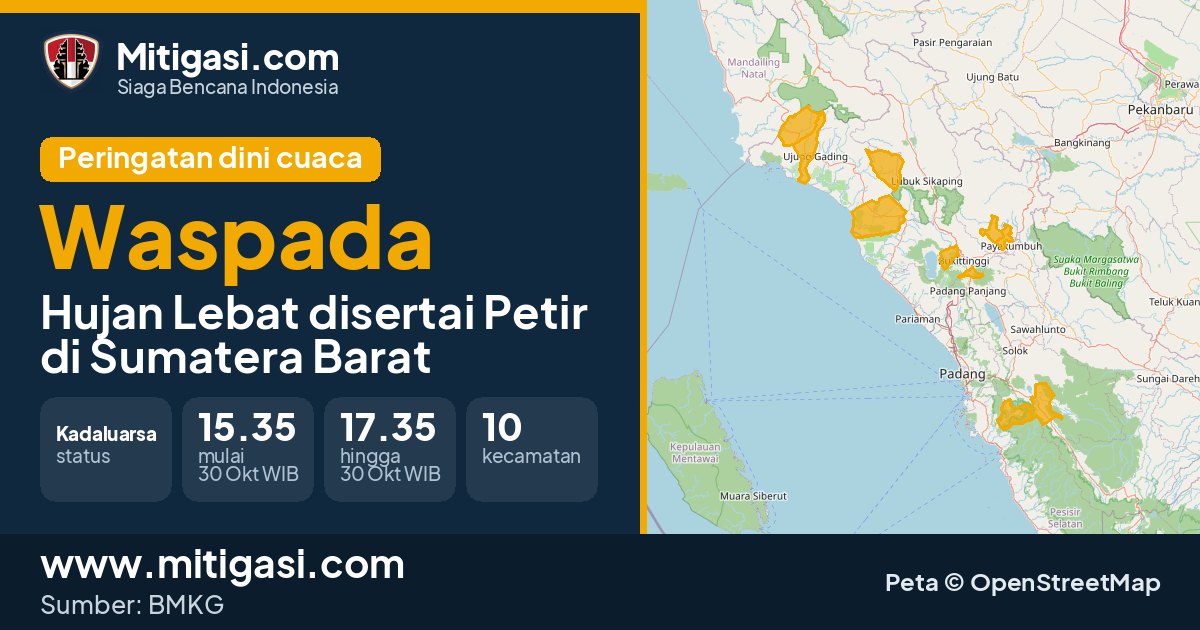 Peringatan dini cuaca BMKG tingkat Waspada di Sumatera Barat. (Mitigasi.com/data BMKG)
