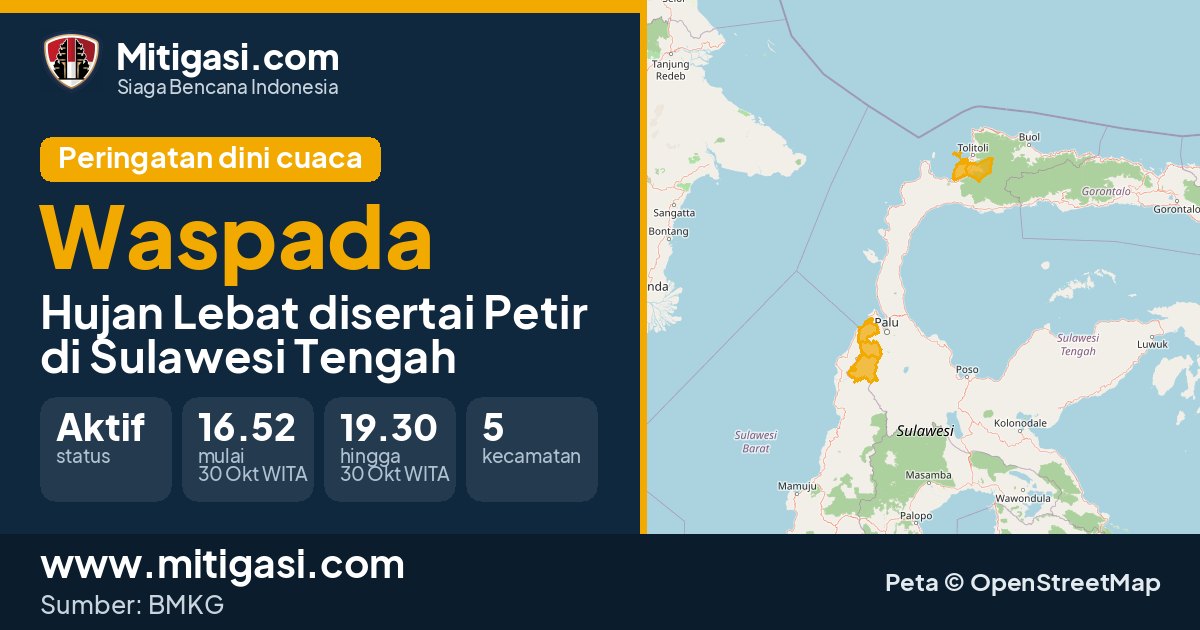 Peringatan dini cuaca BMKG tingkat Waspada di Sulawesi Tengah. (Mitigasi.com/data BMKG)