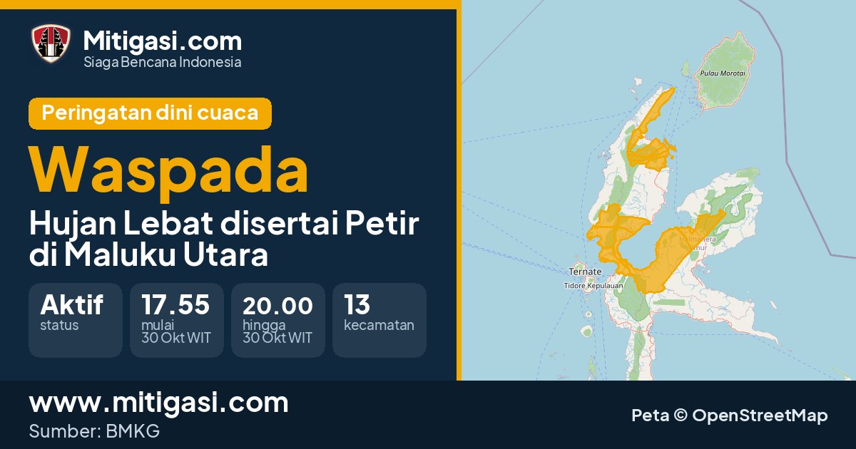 Peringatan dini cuaca BMKG tingkat Waspada di Maluku Utara. (Mitigasi.com/data BMKG)