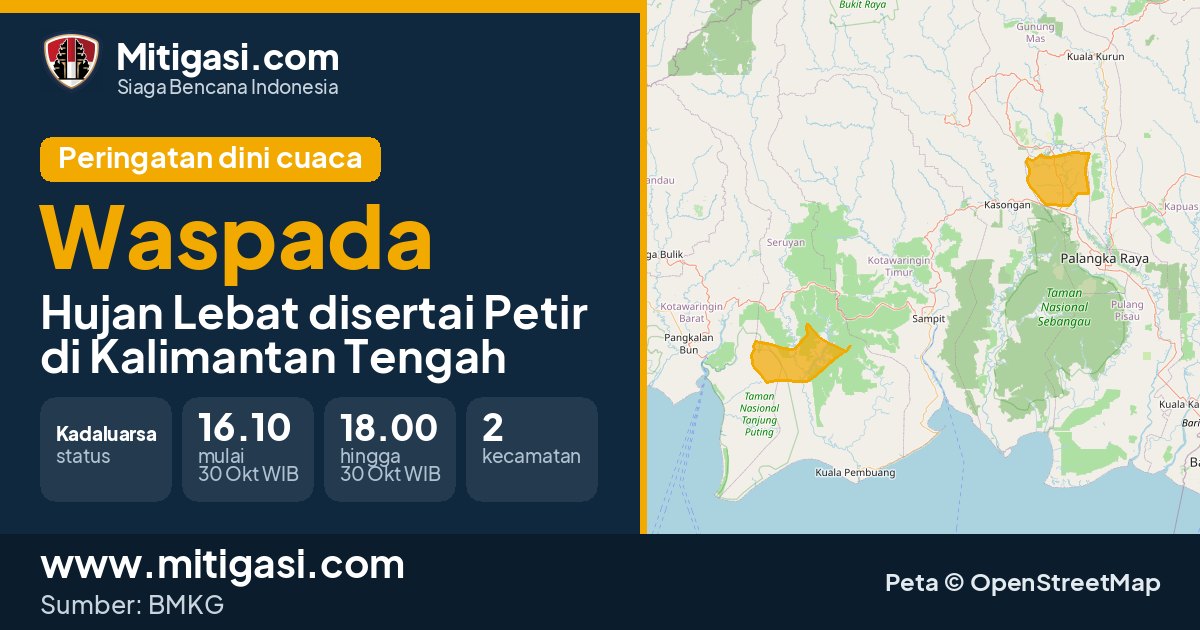 Peringatan dini cuaca BMKG tingkat Waspada di Kalimantan Tengah. (Mitigasi.com/data BMKG)