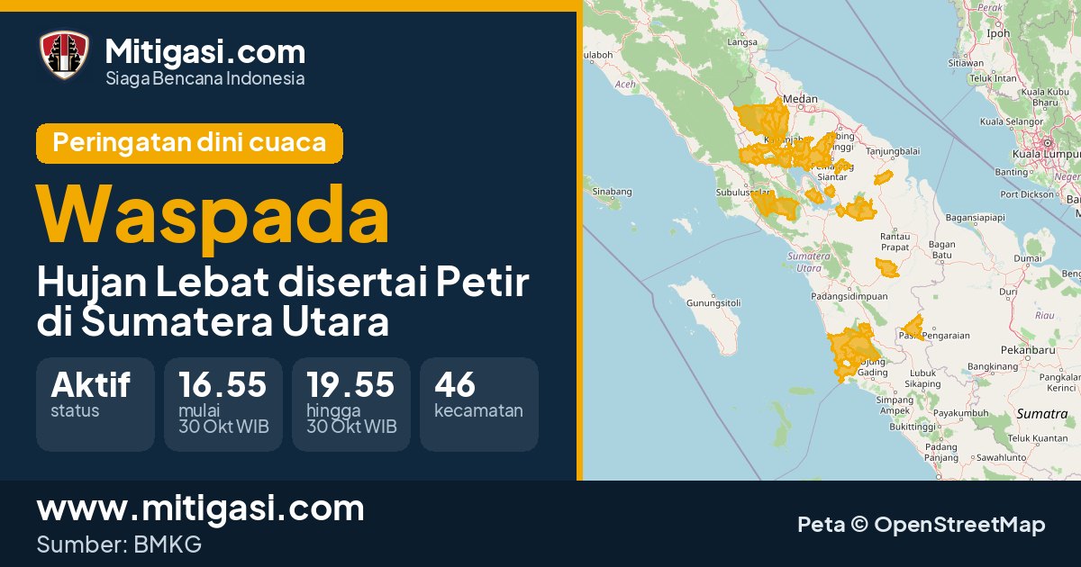 Peringatan dini cuaca BMKG tingkat Waspada di Sumatera Utara. (Mitigasi.com/data BMKG)