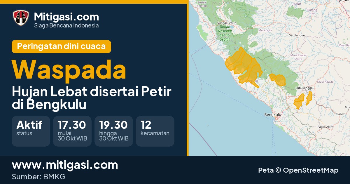 Peringatan dini cuaca BMKG tingkat Waspada di Bengkulu. (Mitigasi.com/data BMKG)