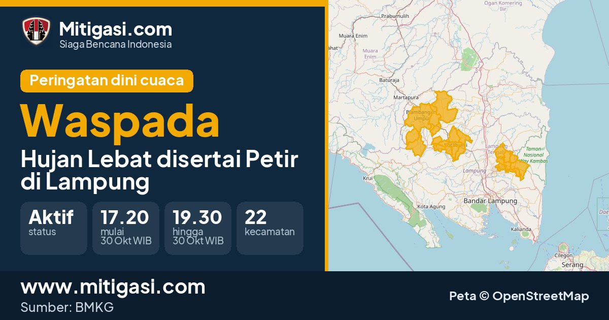 Peringatan dini cuaca BMKG tingkat Waspada di Lampung. (Mitigasi.com/data BMKG)