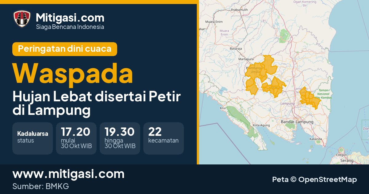 Peringatan dini cuaca BMKG tingkat Waspada di Lampung. (Mitigasi.com/data BMKG)