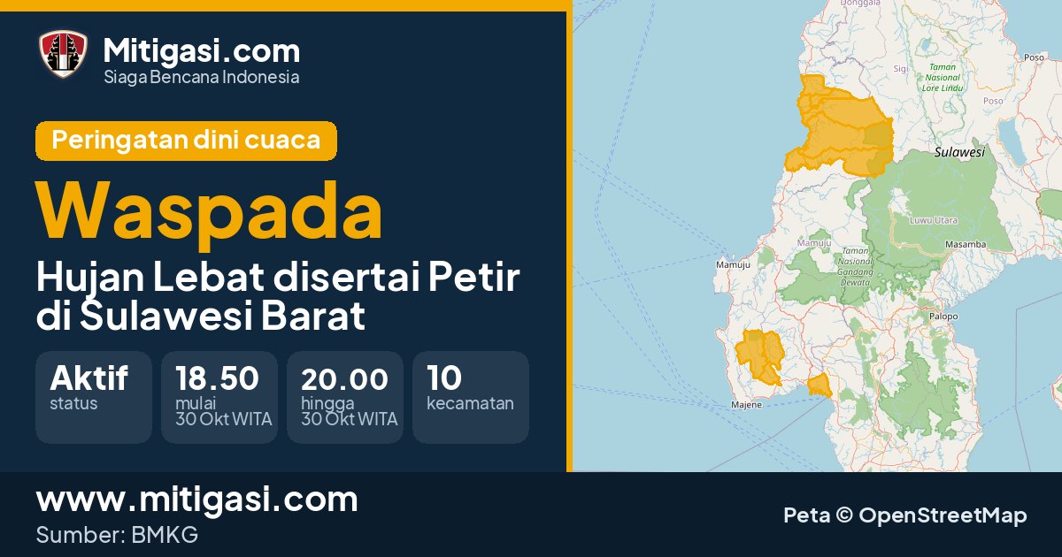 Peringatan dini cuaca BMKG tingkat Waspada di Sulawesi Barat. (Mitigasi.com/data BMKG)