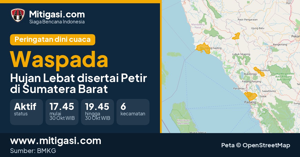 Peringatan dini cuaca BMKG tingkat Waspada di Sumatera Barat. (Mitigasi.com/data BMKG)