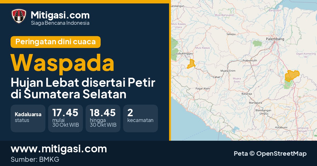 Peringatan dini cuaca BMKG tingkat Waspada di Sumatera Selatan. (Mitigasi.com/data BMKG)