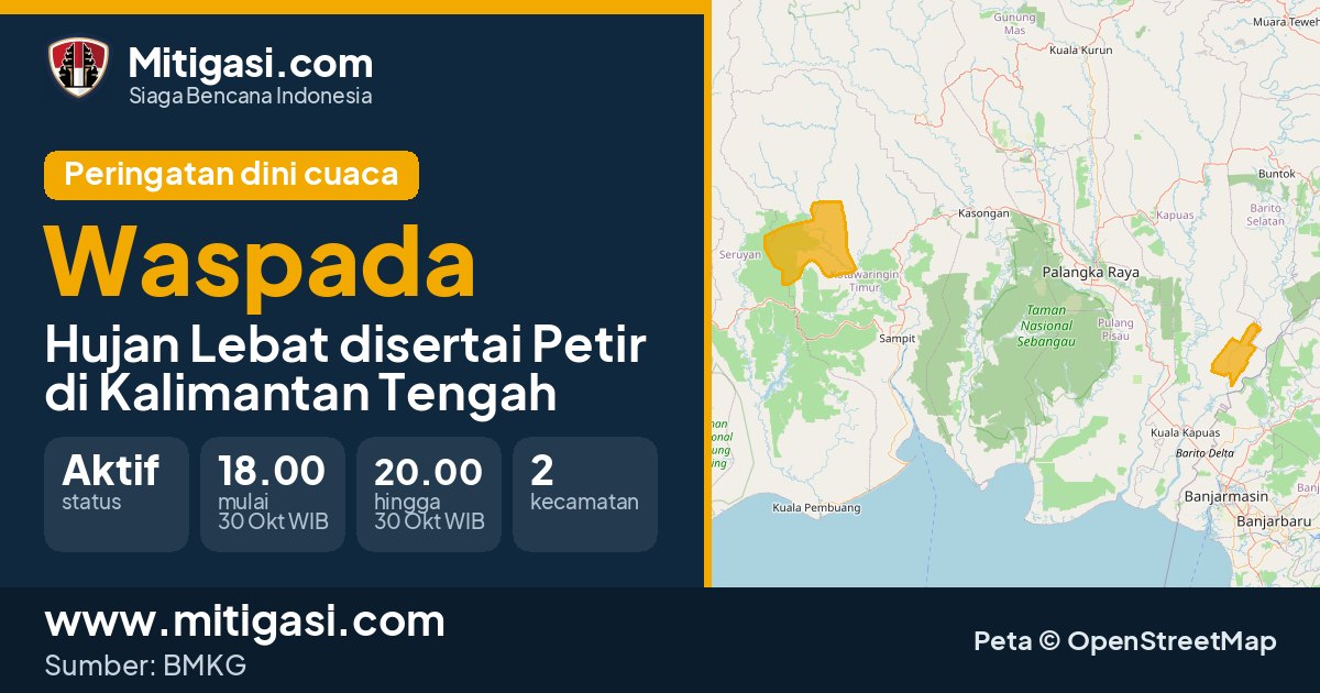 Peringatan dini cuaca BMKG tingkat Waspada di Kalimantan Tengah. (Mitigasi.com/data BMKG)