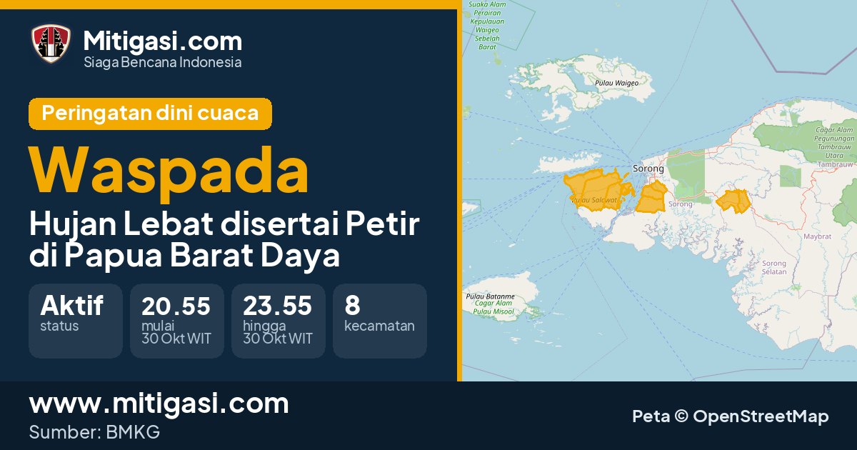 Peringatan dini cuaca BMKG tingkat Waspada di Papua Barat Daya. (Mitigasi.com/data BMKG)