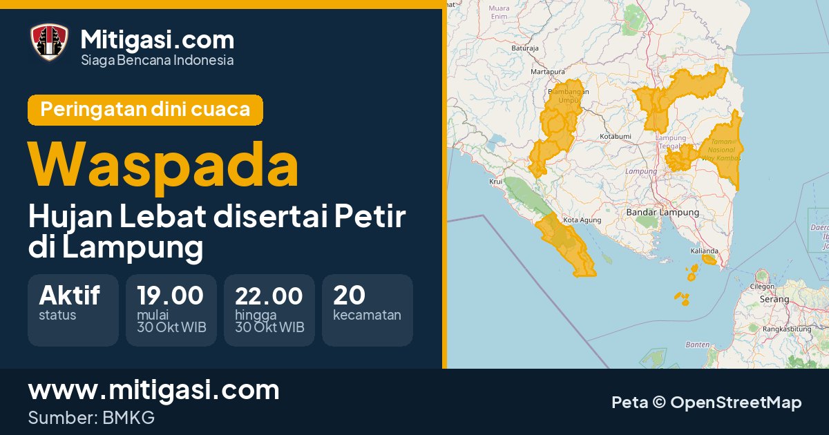Peringatan dini cuaca BMKG tingkat Waspada di Lampung. (Mitigasi.com/data BMKG)