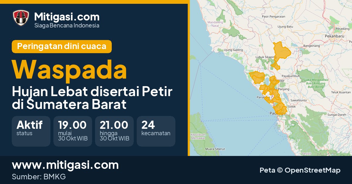 Peringatan dini cuaca BMKG tingkat Waspada di Sumatera Barat. (Mitigasi.com/data BMKG)