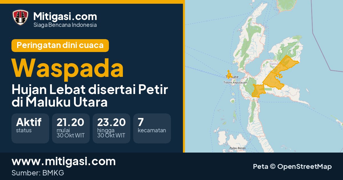 Peringatan dini cuaca BMKG tingkat Waspada di Maluku Utara. (Mitigasi.com/data BMKG)