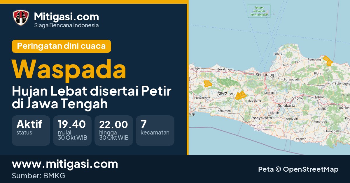 Peringatan dini cuaca BMKG tingkat Waspada di Jawa Tengah. (Mitigasi.com/data BMKG)