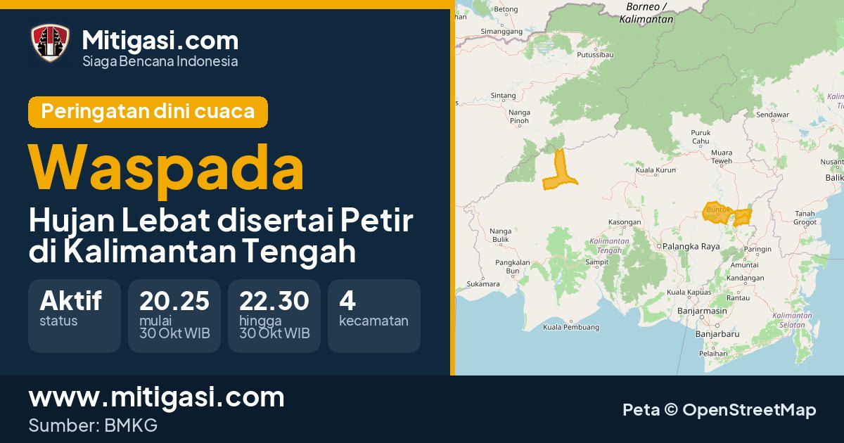 Peringatan dini cuaca BMKG tingkat Waspada di Kalimantan Tengah. (Mitigasi.com/data BMKG)