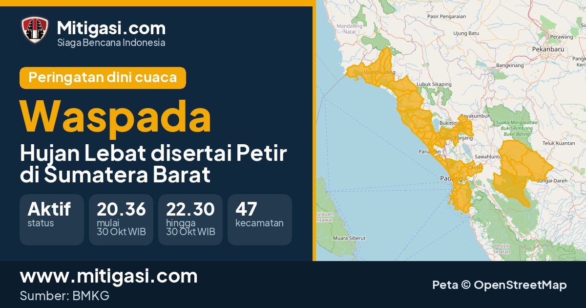 Peringatan dini cuaca BMKG tingkat Waspada di Sumatera Barat. (Mitigasi.com/data BMKG)
