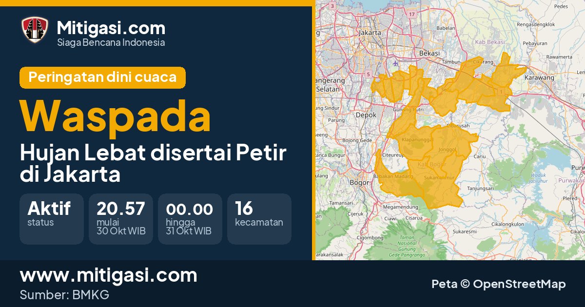 Peringatan dini cuaca BMKG tingkat Waspada di DKI Jakarta. (Mitigasi.com/data BMKG)