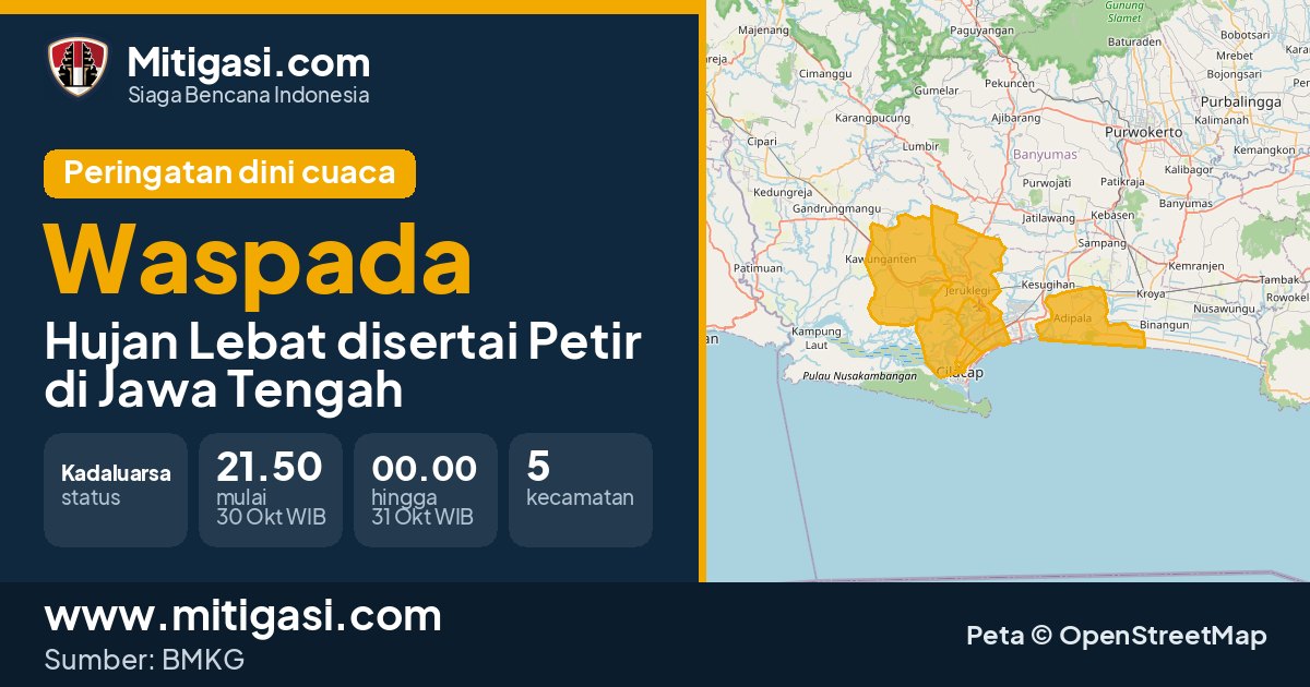 Peringatan dini cuaca BMKG tingkat Waspada di Jawa Tengah. (Mitigasi.com/data BMKG)