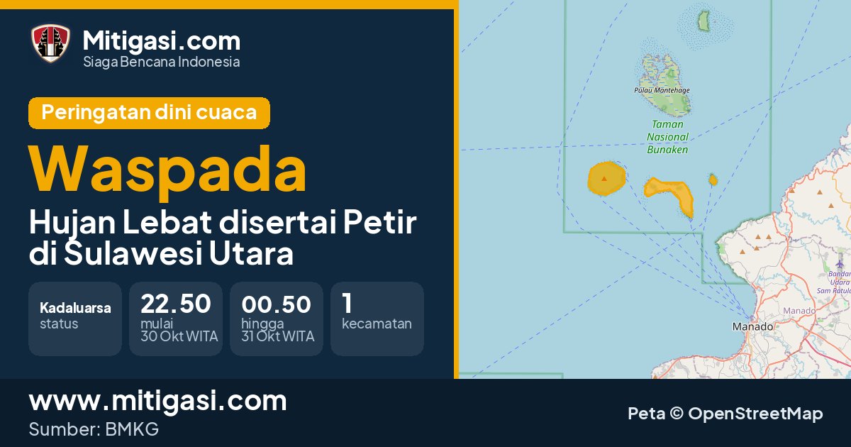 Peringatan dini cuaca BMKG tingkat Waspada di Sulawesi Utara. (Mitigasi.com/data BMKG)