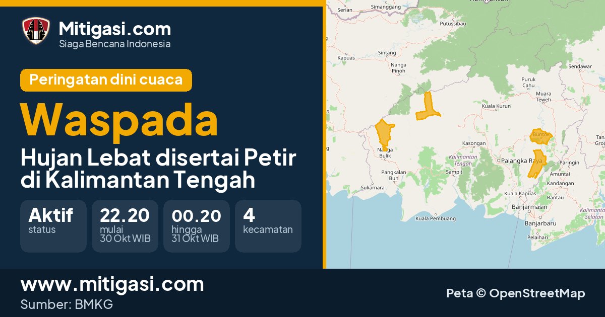 Peringatan dini cuaca BMKG tingkat Waspada di Kalimantan Tengah. (Mitigasi.com/data BMKG)