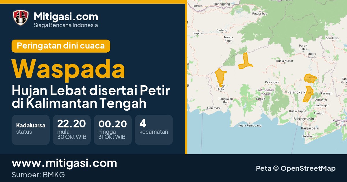 Peringatan dini cuaca BMKG tingkat Waspada di Kalimantan Tengah. (Mitigasi.com/data BMKG)