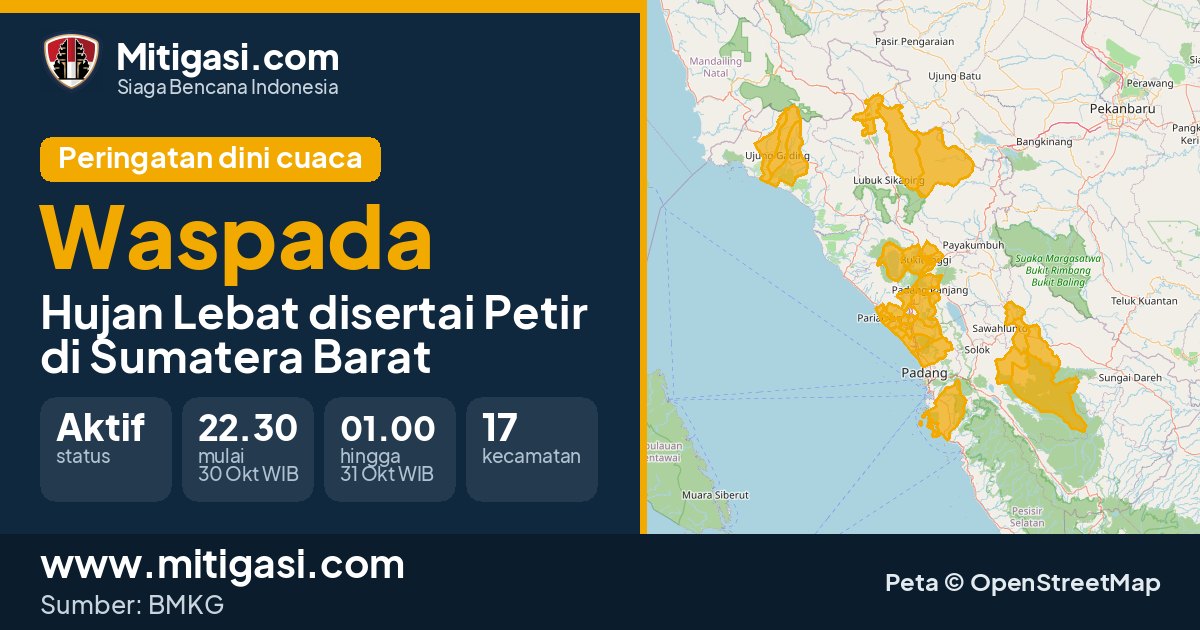Peringatan dini cuaca BMKG tingkat Waspada di Sumatera Barat. (Mitigasi.com/data BMKG)