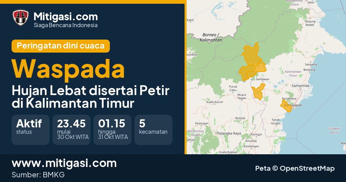 Peringatan dini cuaca BMKG tingkat Waspada di Kalimantan Timur. (Mitigasi.com/data BMKG)