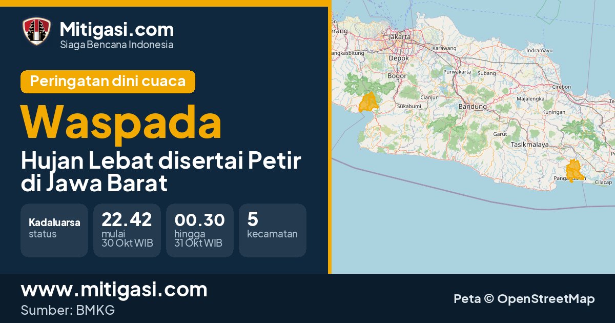 Peringatan dini cuaca BMKG tingkat Waspada di Jawa Barat. (Mitigasi.com/data BMKG)