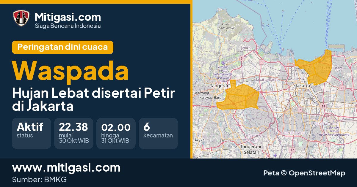 Peringatan dini cuaca BMKG tingkat Waspada di DKI Jakarta. (Mitigasi.com/data BMKG)