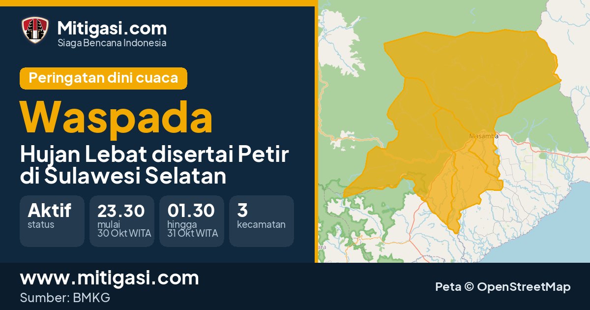 Peringatan dini cuaca BMKG tingkat Waspada di Sulawesi Selatan. (Mitigasi.com/data BMKG)