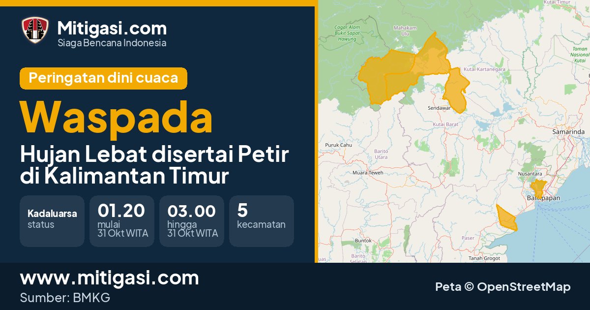 Peringatan dini cuaca BMKG tingkat Waspada di Kalimantan Timur. (Mitigasi.com/data BMKG)