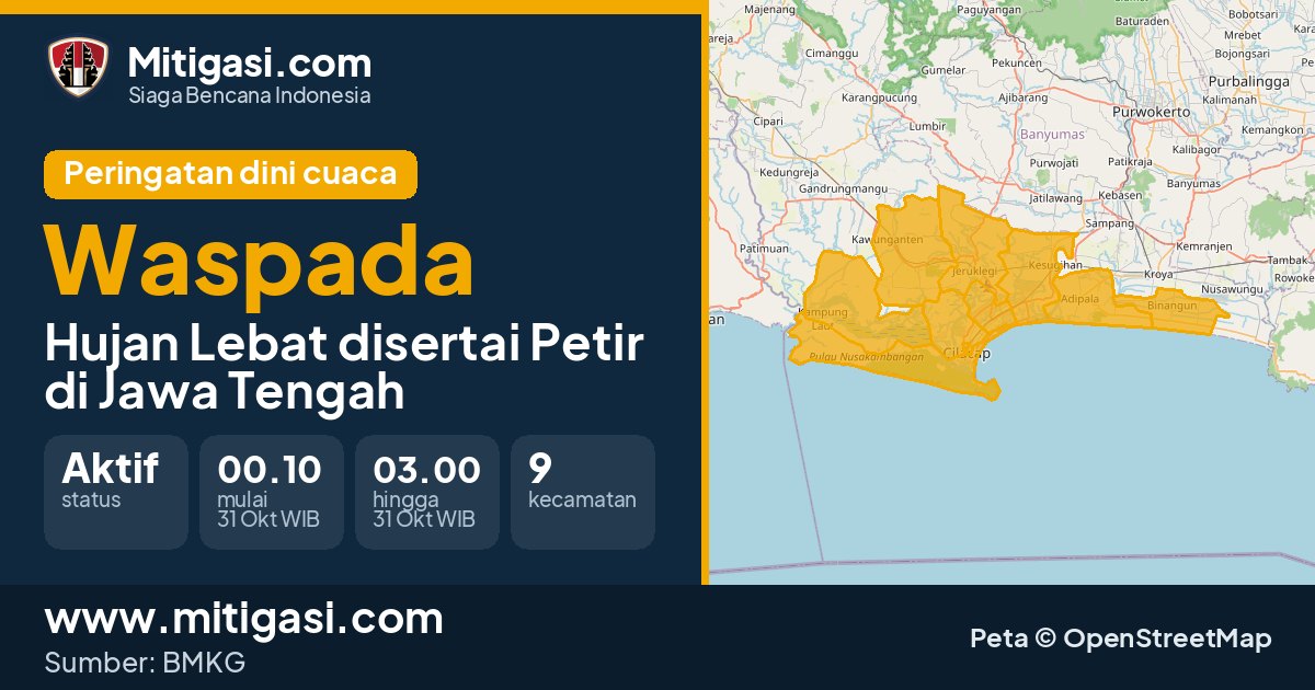 Peringatan dini cuaca BMKG tingkat Waspada di Jawa Tengah. (Mitigasi.com/data BMKG)
