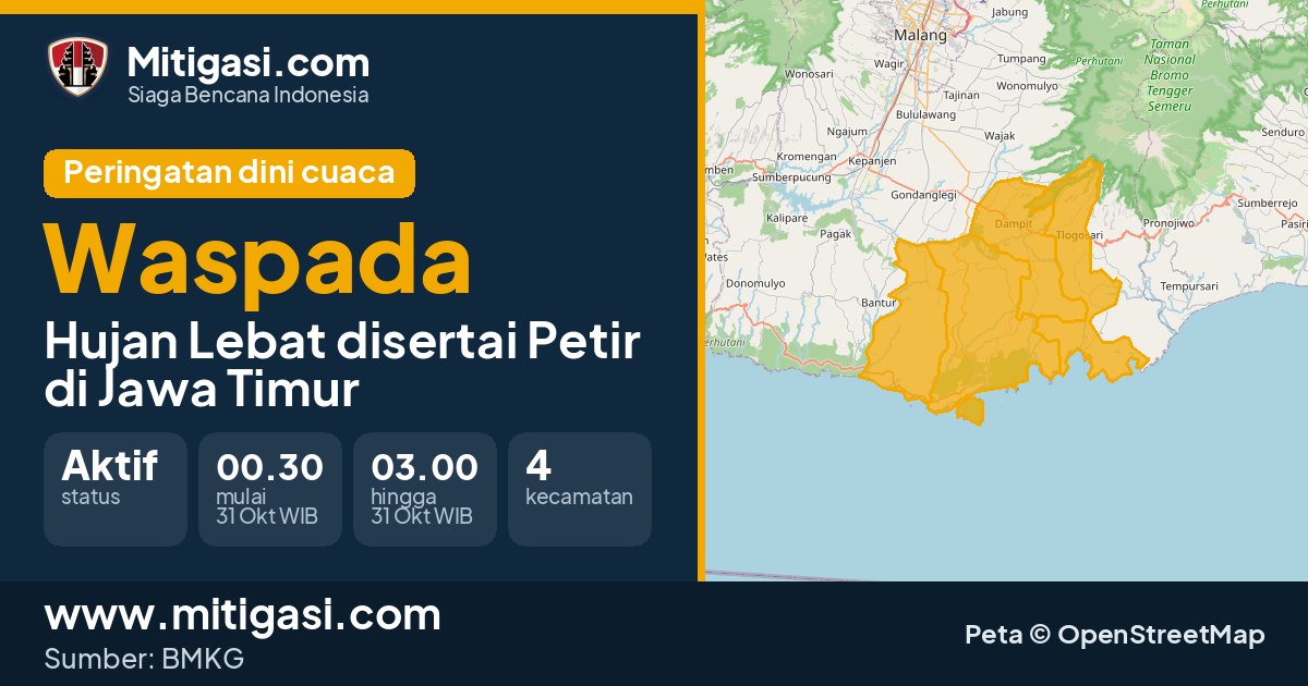 Peringatan dini cuaca BMKG tingkat Waspada di Jawa Timur. (Mitigasi.com/data BMKG)