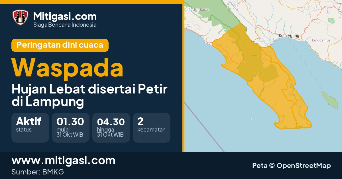 Peringatan dini cuaca BMKG tingkat Waspada di Lampung. (Mitigasi.com/data BMKG)