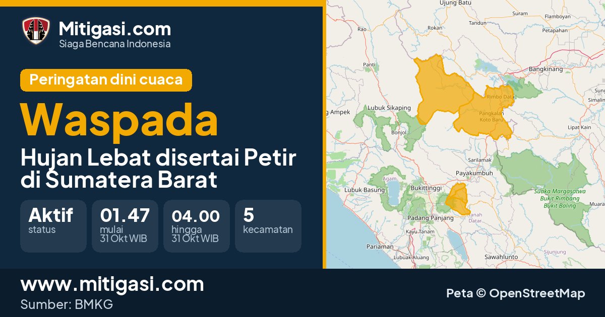 Peringatan dini cuaca BMKG tingkat Waspada di Sumatera Barat. (Mitigasi.com/data BMKG)