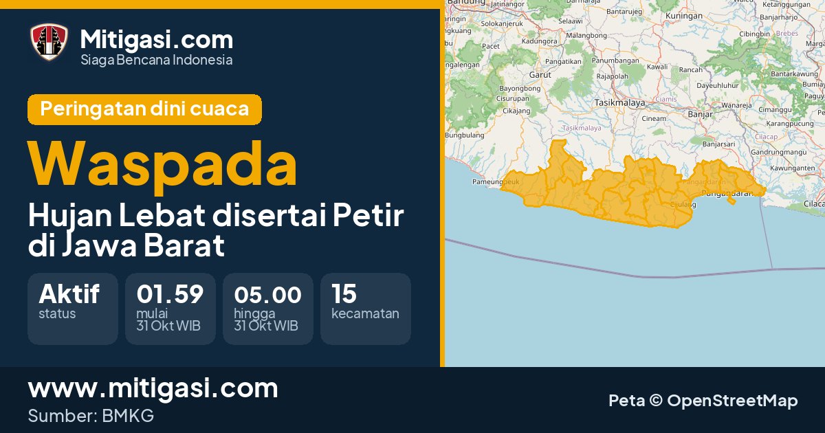 Peringatan dini cuaca BMKG tingkat Waspada di Jawa Barat. (Mitigasi.com/data BMKG)