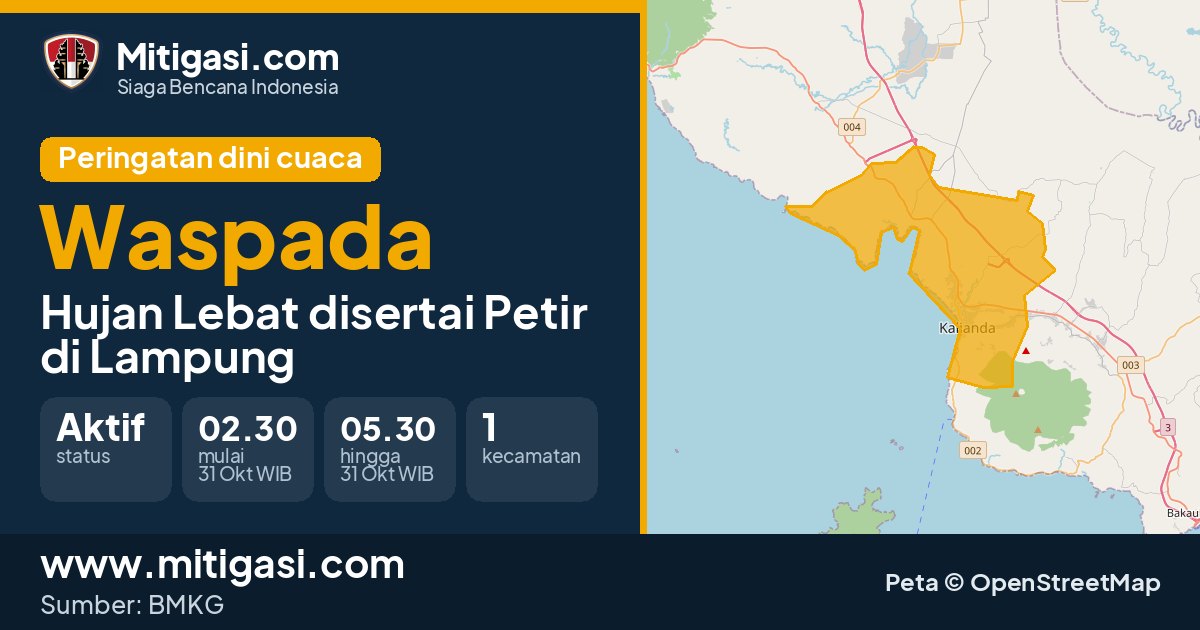 Peringatan dini cuaca BMKG tingkat Waspada di Lampung. (Mitigasi.com/data BMKG)