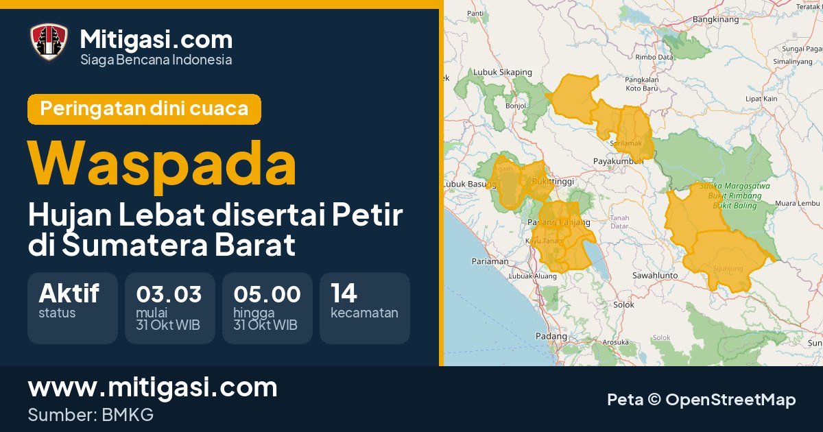 Peringatan dini cuaca BMKG tingkat Waspada di Sumatera Barat. (Mitigasi.com/data BMKG)