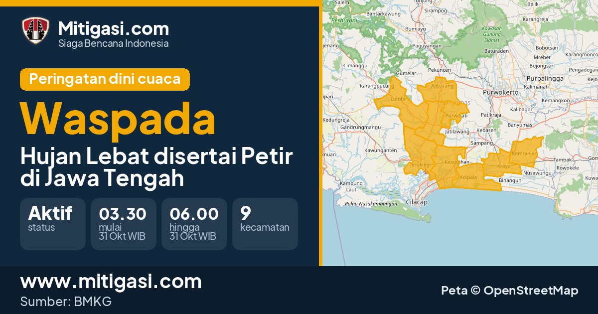 Peringatan dini cuaca BMKG tingkat Waspada di Jawa Tengah. (Mitigasi.com/data BMKG)