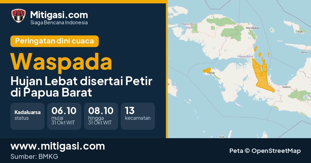 Peringatan dini cuaca BMKG tingkat Waspada di Papua Barat. (Mitigasi.com/data BMKG)